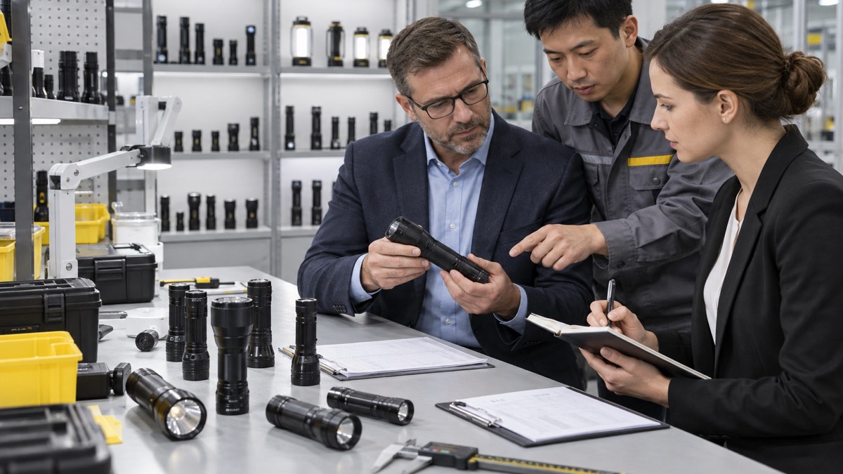 Buyer and quality engineer evaluating flashlight samples at a manufacturing workbench