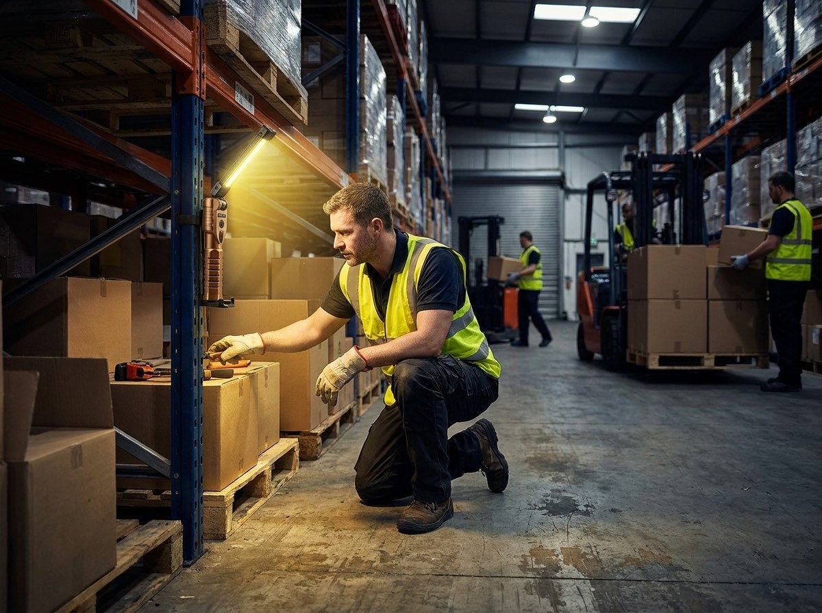 Warehouse technician using a mounted work light for a hands-free task