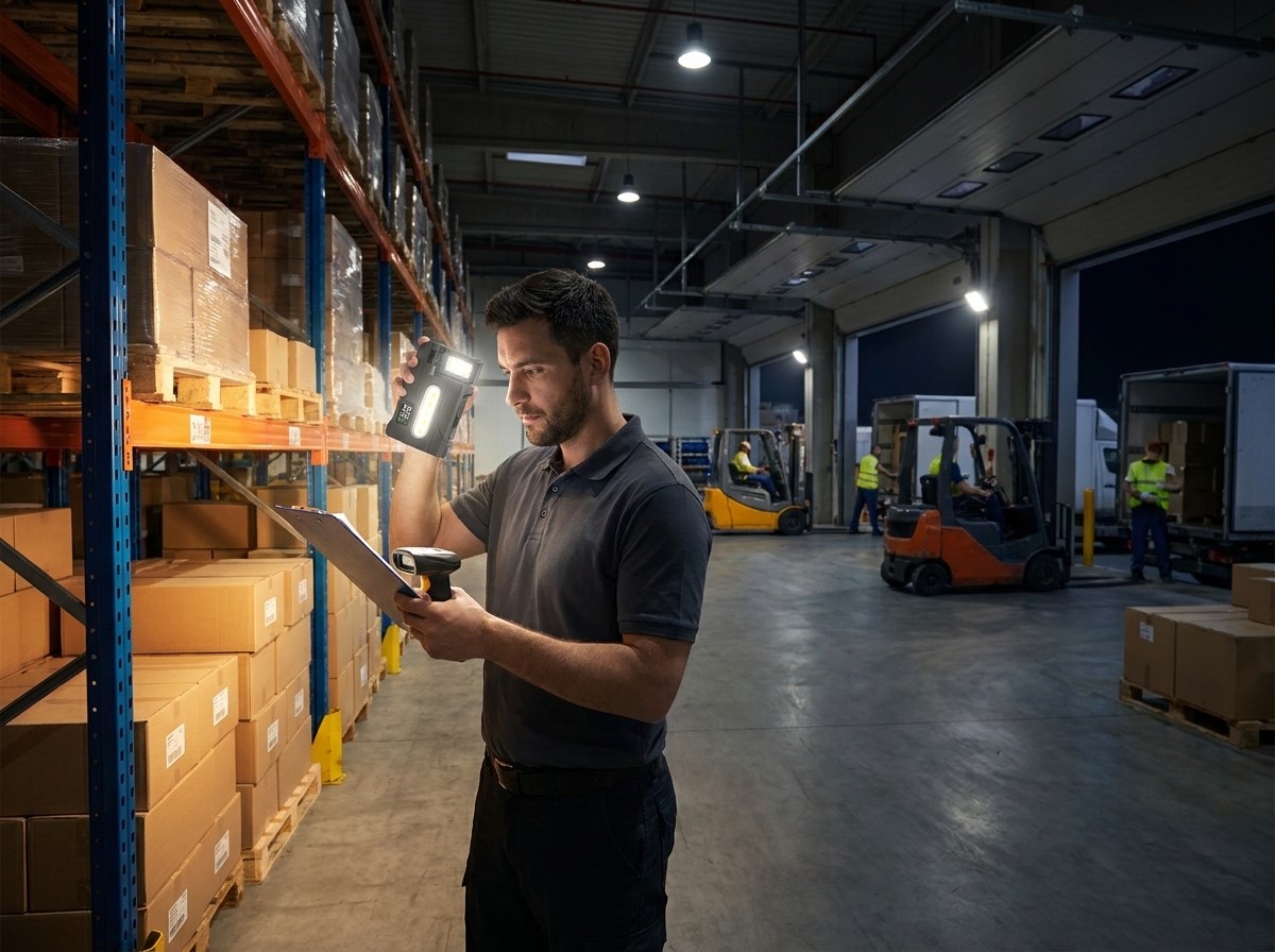 Worker using a portable light to inspect inventory in a warehouse at night