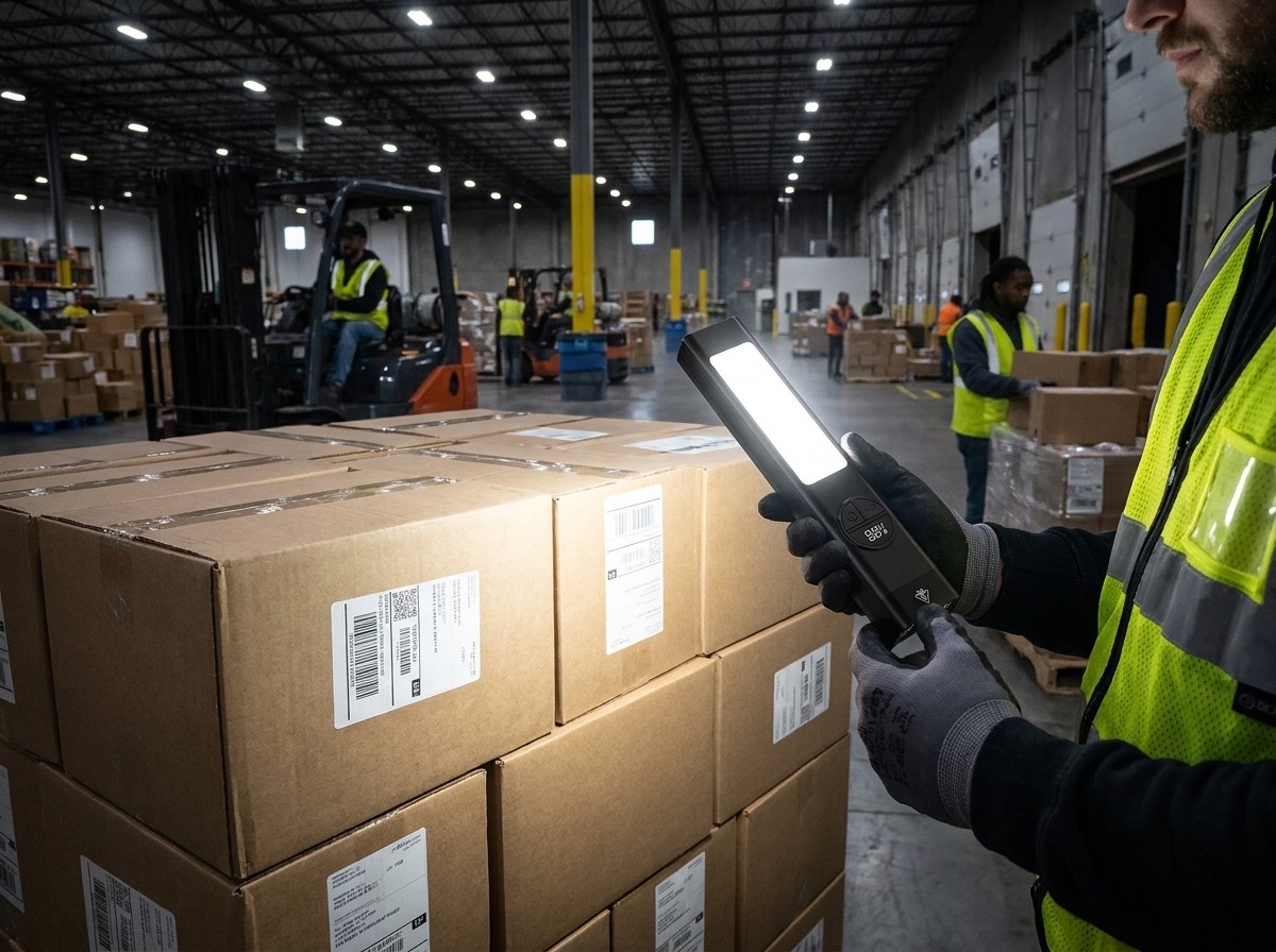 Rechargeable handheld work light used beside warehouse cartons