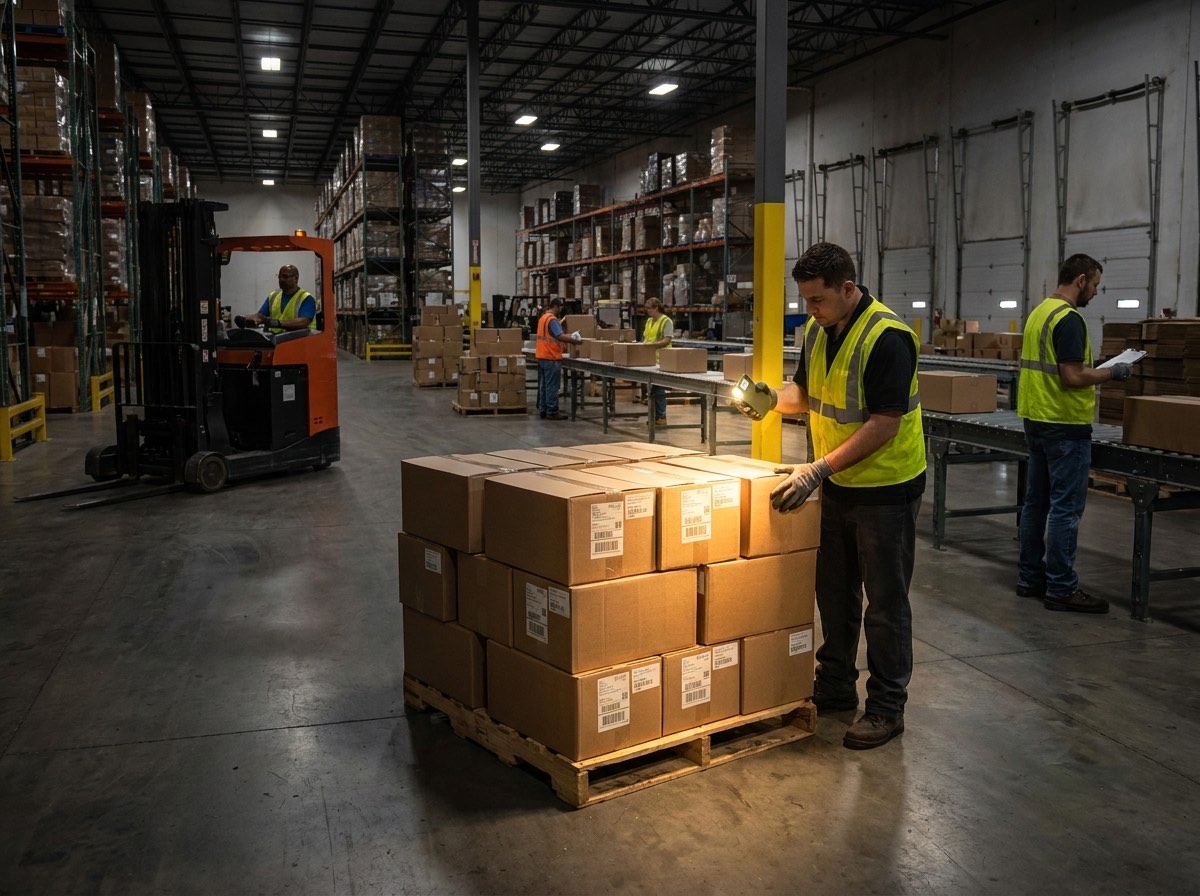 Warehouse night-shift team using portable work lights near pallets and forklifts